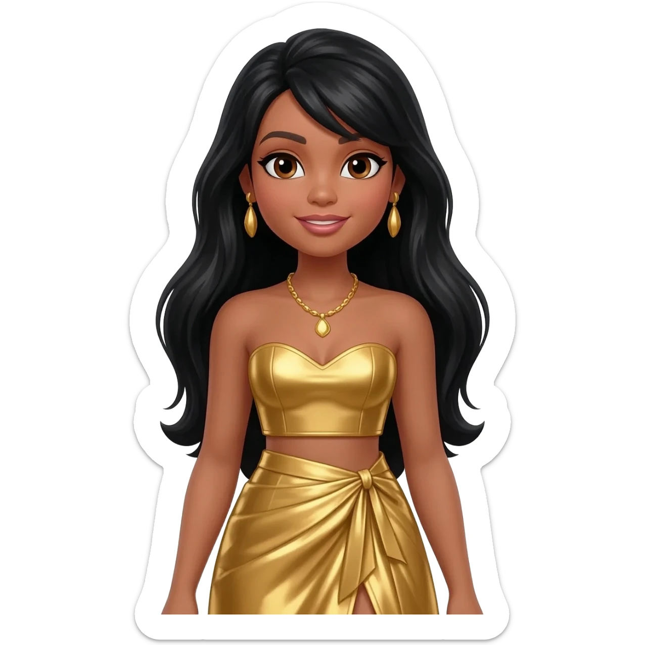 Christie from Barbie and Friends with brown eyes, long black hair, gold metallic sweetheart crop top, gold metallic assymetrical long skirt, gold necklace and earrings sticker