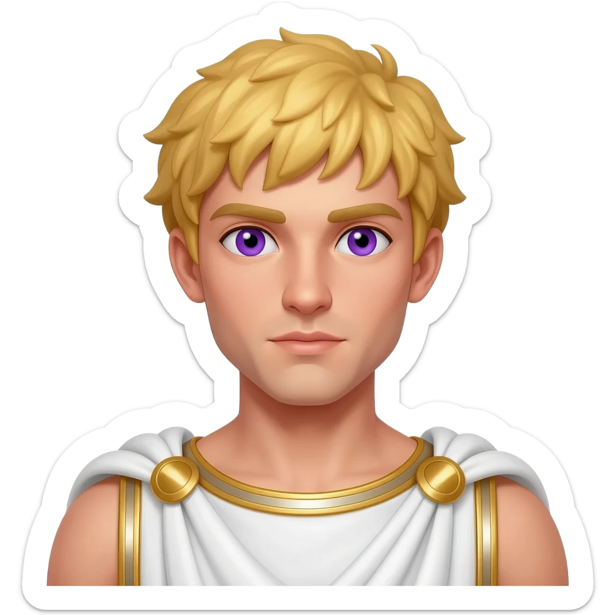 Adonis from Greek Mythology with purple eyes, golden blonde hair, white and gold metallic toga sticker