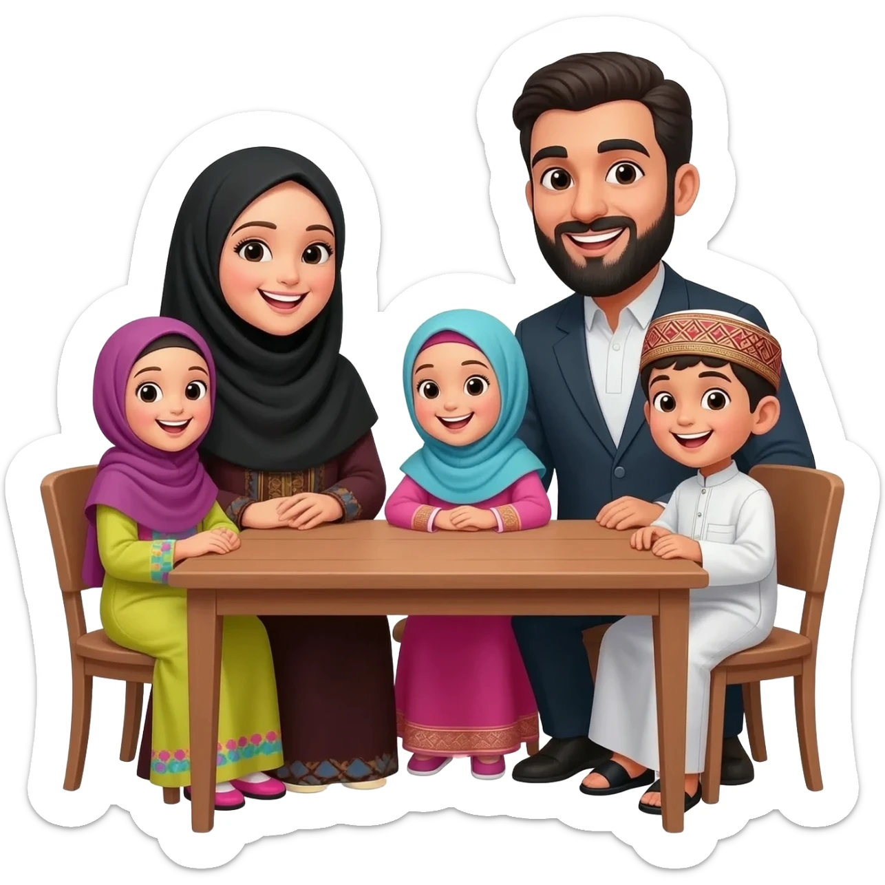 islamic family sitting on table; mother wearing hijab; father with beard; little girls no hijab and one little boy; kids wearing traditional clothes and talking happily to each other sticker