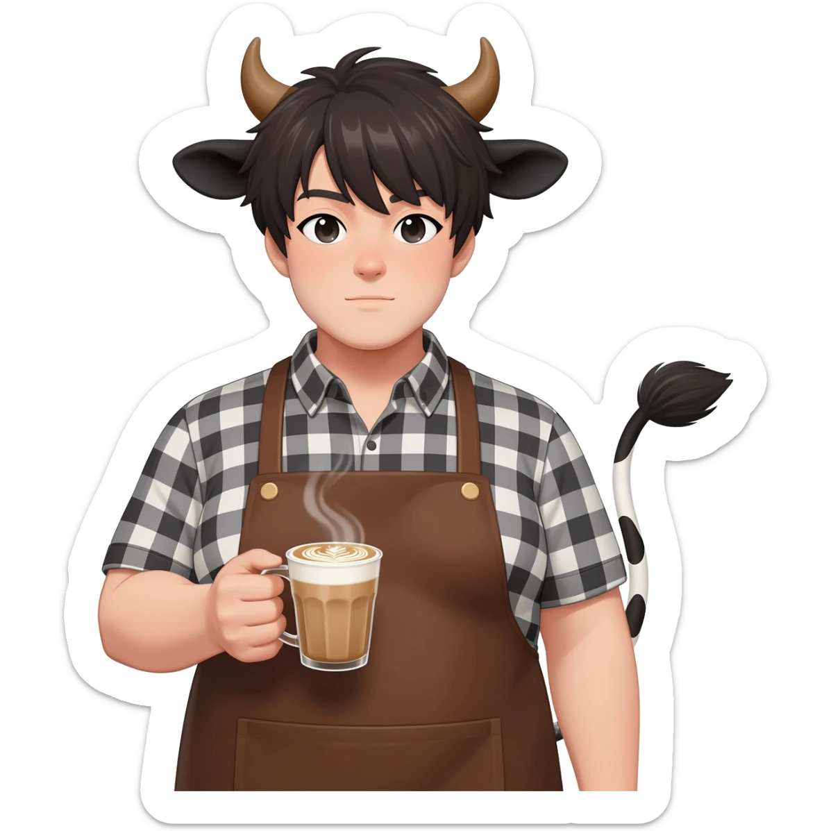 femboy in a checkered shirt with extra large fat tits with cow ears and cow tail dressed like barista in brown apron with latte in his hand sticker