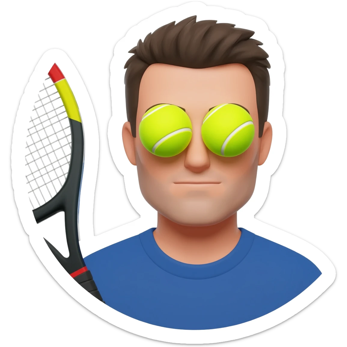 make a circular imogi of man with padel bat with balls as eyes sticker