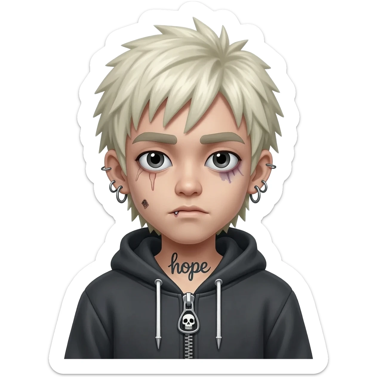 boy zombie asia spiky long platinum gold hair, hoodie zip is vignette skull wear piercings tatto "hope" sticker