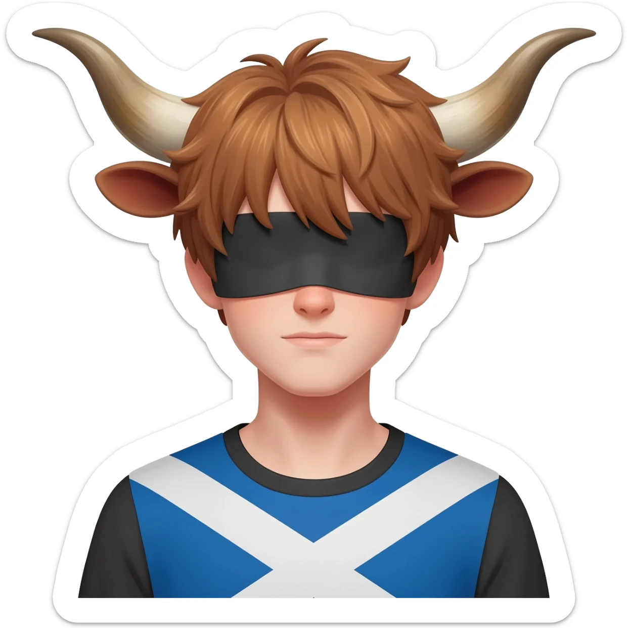 curly femboy with messy light brown bangs covering the eyes with bull horns and bull ears with scottish flag on his shoulders sticker