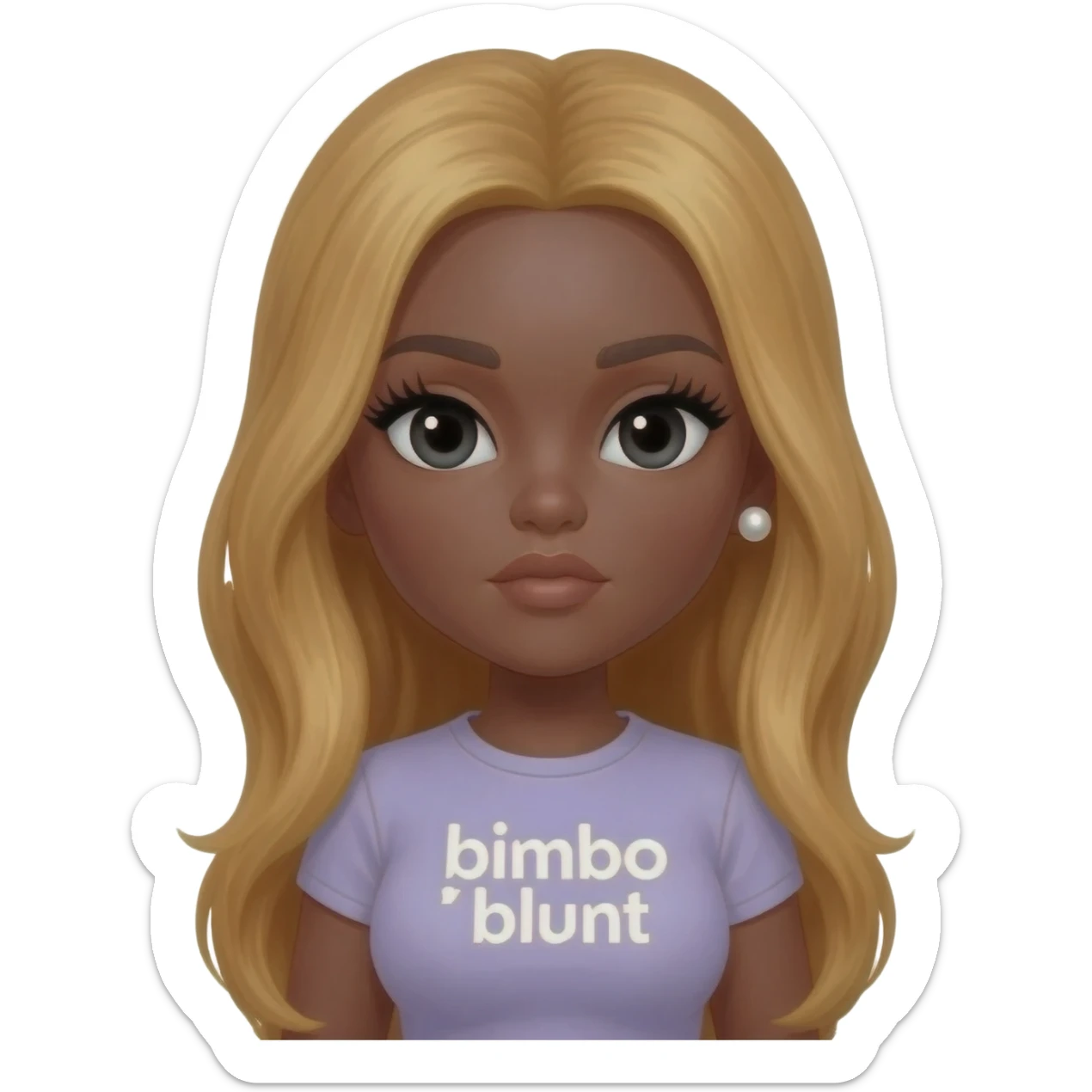 doll body , dark brown eyebrows, dark skin girl, pearl earring stud, Long giant lashes, bimbo, black doll eyes, barbie, dark brown skin, with honey blonde hair, big breast, t shirt says “bimbo blunt” sticker
