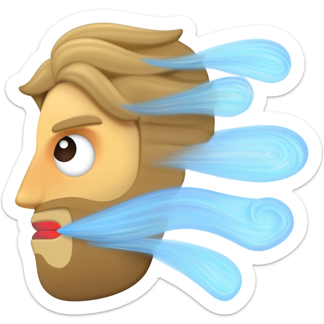A high-resolution, stylized emoji illustration, in left-profile view, of a classic personified wind or "Boreas" face. A powerful stream of wind emanates from its puckered mouth, forming four distinct, swirling, light-blue-and-white stylized vapor trails that curl back on themselves. sticker