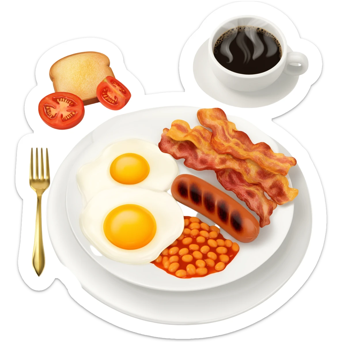 English breakfast full English breakfast with two eggs, bacon, sausage, beans, toast, and tomato оn a beautiful white plate with a gold fork and cup of coffee sticker