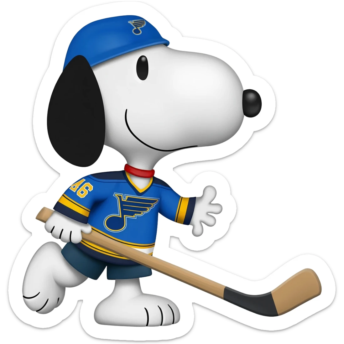snoopy with a hockey stick wearing a st louis blues jersey sticker