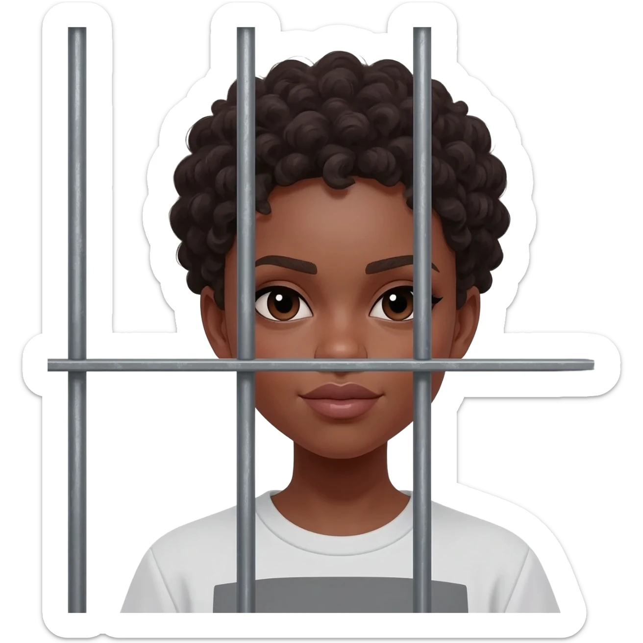 Very Light-skinned lady with short twists not harmed behind metal grey prison bars sticker