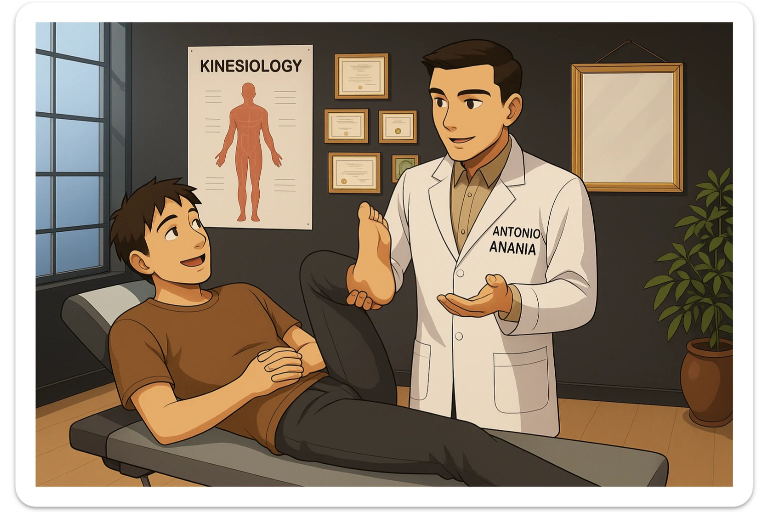 su questo lettino rappresenta un webtoon manga a colori con questo stile, in cui un uomo è steso sul lettino medico e il kinesiologo con il camice bianco (fagli anche la scritta "ANTONIO ANANIA" SUL CAMICE, gli solleva una gamba per fargli il test neuromuscolare, IL KINESIOLOGO SPIEGA ALL'UOMO UNA cosa mentre gli alza la gamba. l'espressione dell'uomo è felice e soddisfatta, non fare i fumetti però, fai solo in modo che sembri stiano parlando sticker