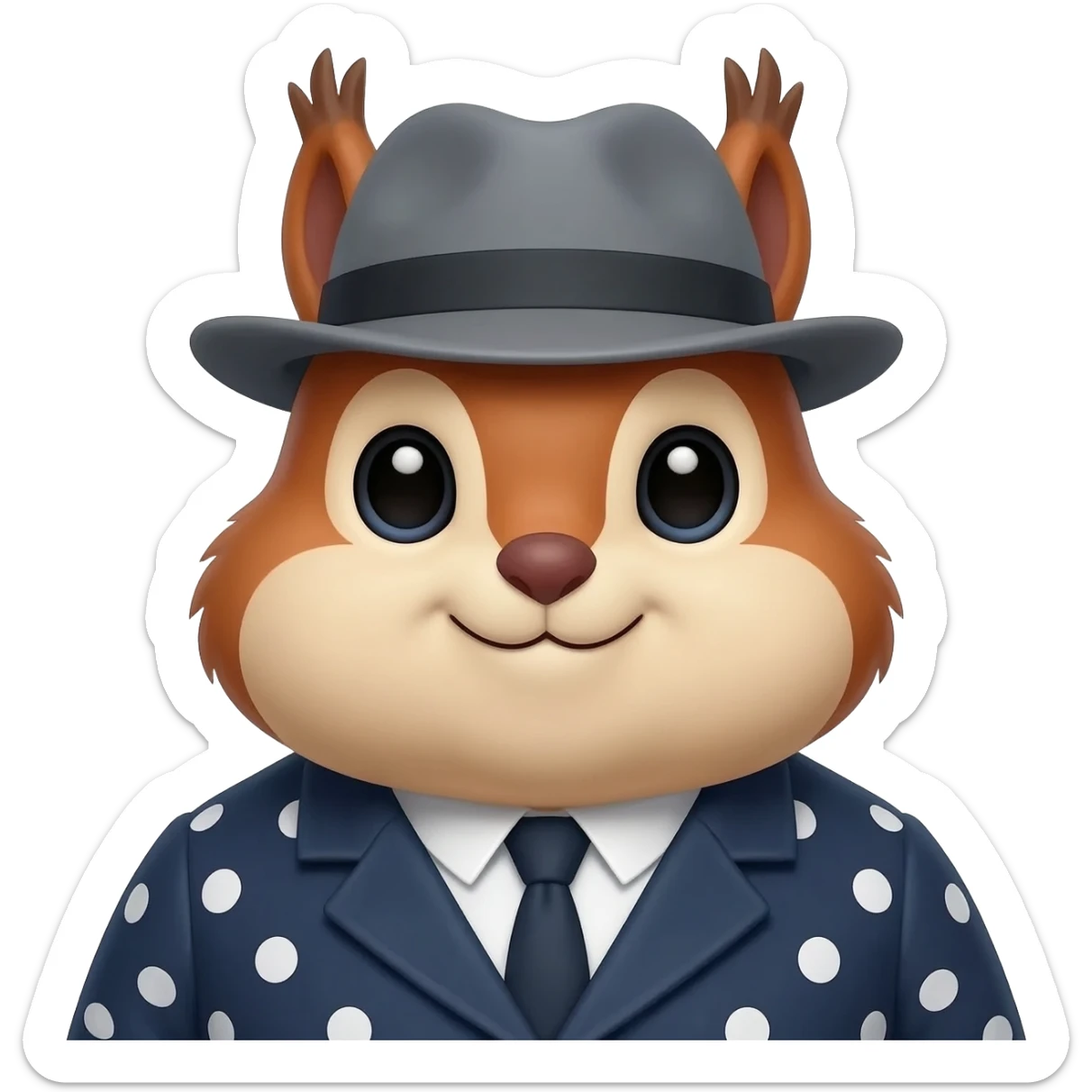 A close-up 3D render of a stylized, plump squirrel emoji head. It has a glossy, expressive Apple-style finish with soft, rounded edges. The squirrel wears the same grey fedora and dark blue polka-dot coat. Wide-eyed, friendly expression. sticker
