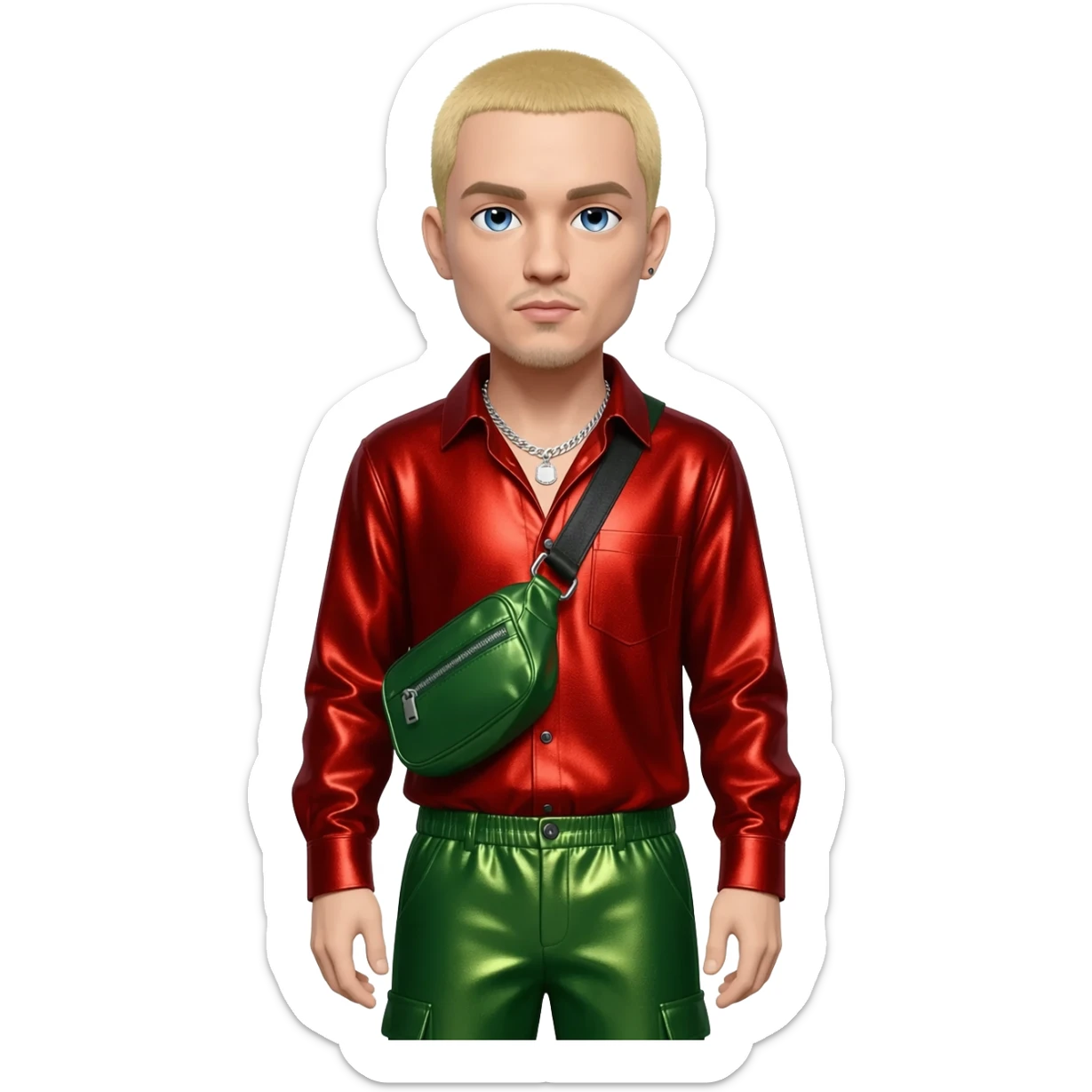 Eminem with blue eyes, blonde short hair, red metallic shirt, green metallic baggy pants, silver necklace sticker