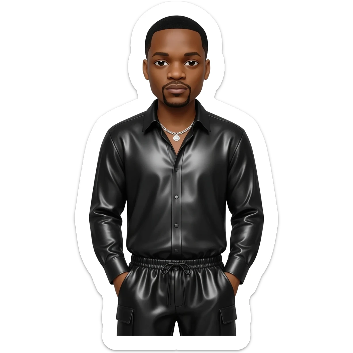 Jay-Z with black hair, black metallic shirt, black metallic baggy pants, silver necklace sticker
