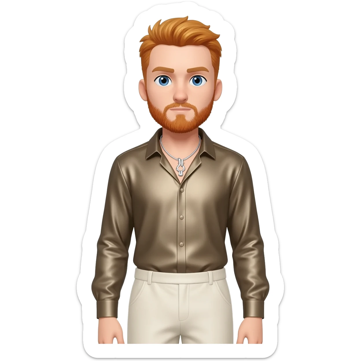 Himbo ASMR with blue eyes, reddish blonde hair and short beard, taupe metallic shirt, ivory metallic baggy pants, silver necklace sticker