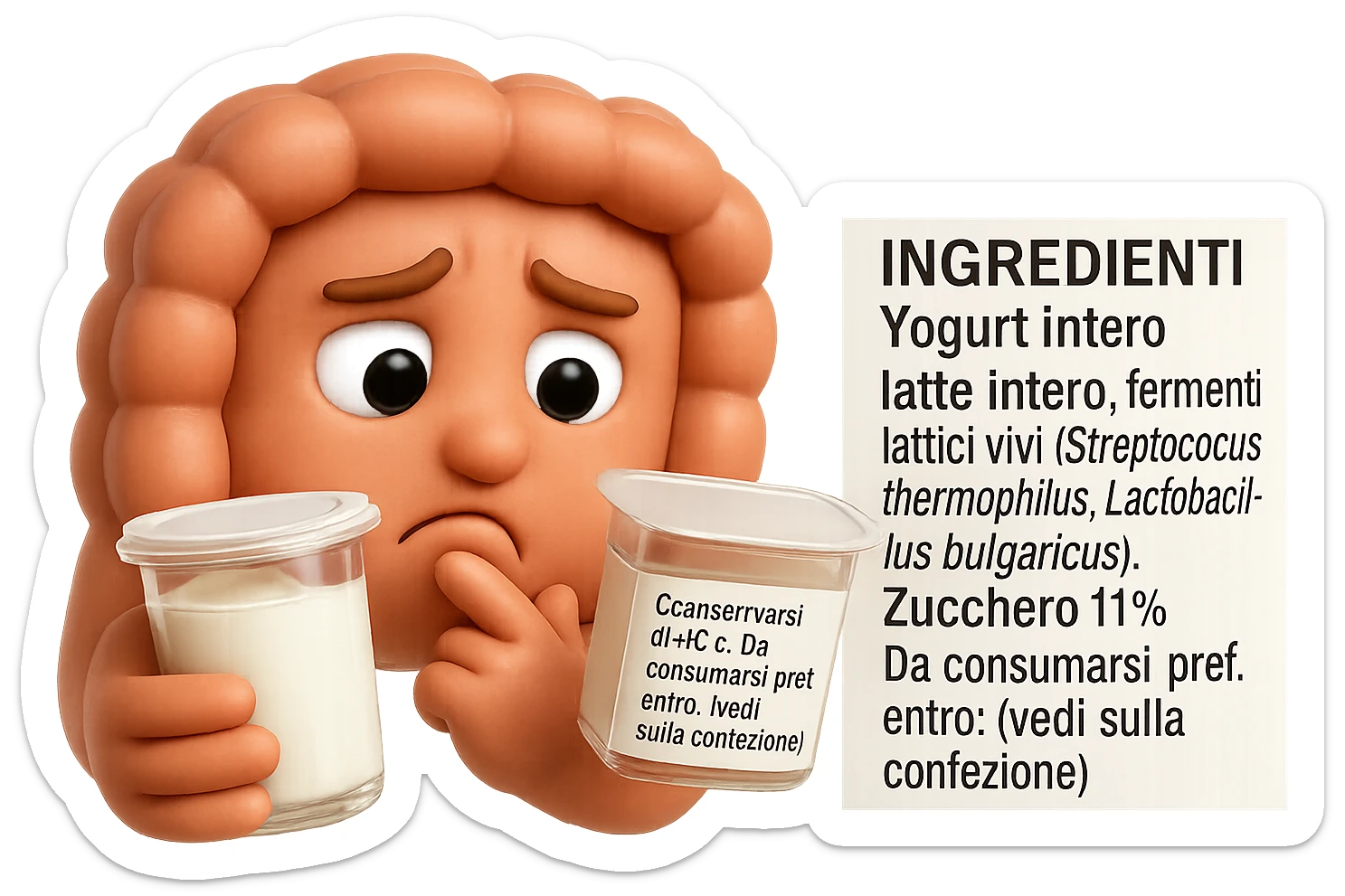 SU QUESTO STILE FAI UN EMOJI STILE IPHONE 3D DI UN INTESTINO CHE HA IN MANO UN BARATTOLO DI YOGURT CONFEZIONATO DA SUPERMERCATO E LEGGE L'ETICHETTA NUTRIZIONALE CON GLI INGREDIENTI IN ITALIANO, ACCANTO ALLO YOGURT CHE HA IN MANO C'è UN FOCUS SULL'ETICHETTA CON GLI INGREDIENTI SCRITTI, FAGLI UN ESPRESSIONE CONFUSA MENTRE LEGGE E FALLO MOLTO REALISTICO IN 3D sticker
