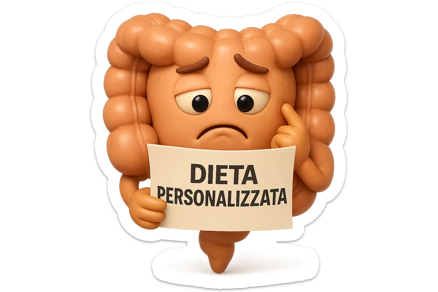 emoji stile iphone 3d di un intestino con mal di pancia che legge un foglio con la scritta "DIETA PERSONALIZZATA", ESPRESSIONE PENSIEROSA, iperrealistico 4k sticker