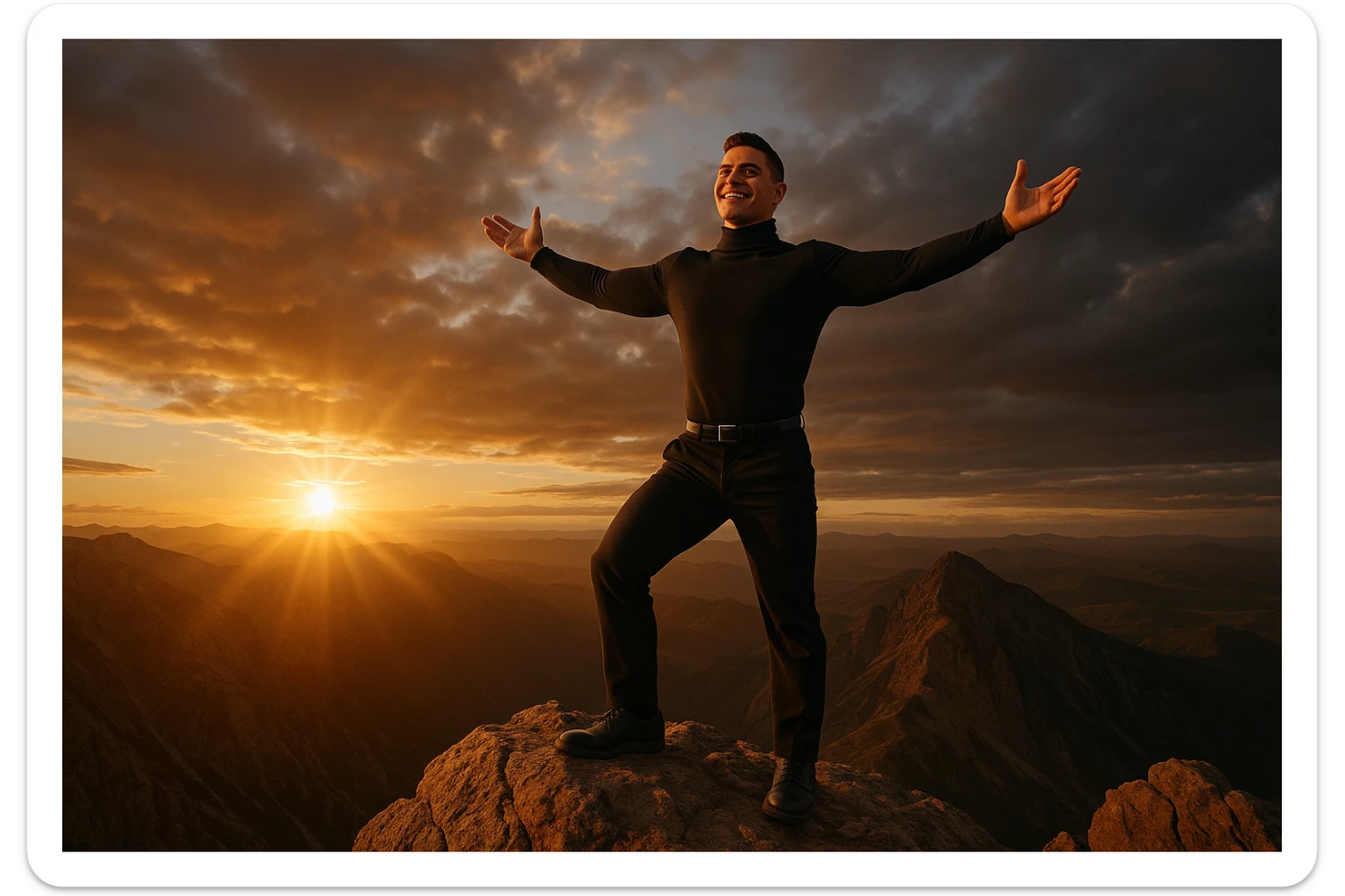 uomo che arriva in cima alla vetta accogliendo le sfide della vita e le supera senza paura, iperrealistica cinematografica 4k sticker