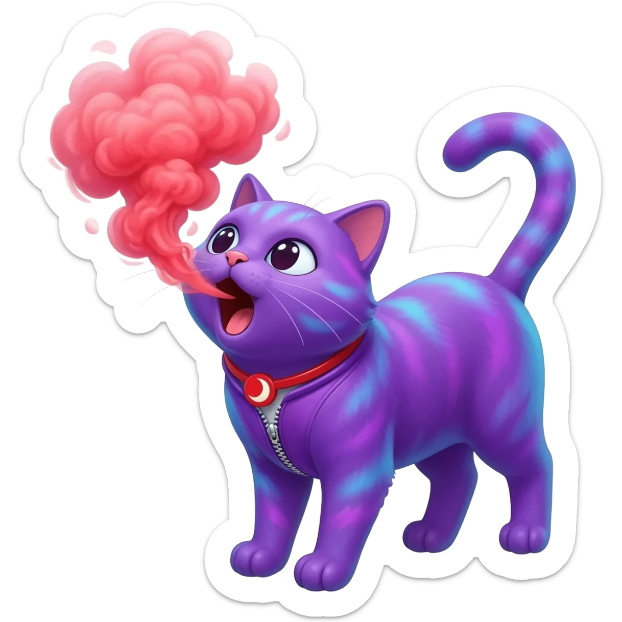 A purple cat spraying red smoke out its mouth with a crisant moon neckless with a zipper on its chest sticker