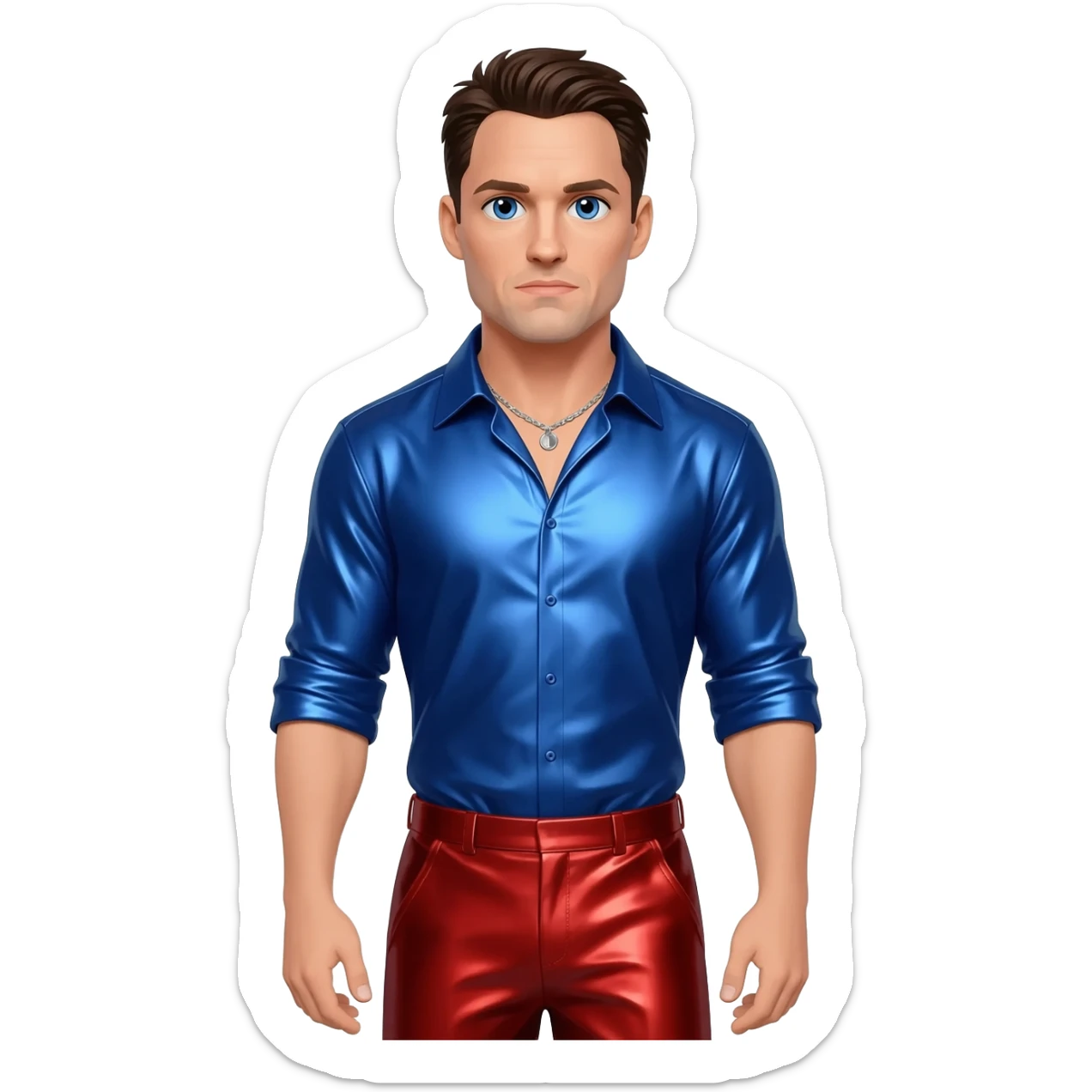 Henry Cavill with blue eyes, dark brown hair, blue metallic shirt, red metallic baggy pants, silver necklace sticker