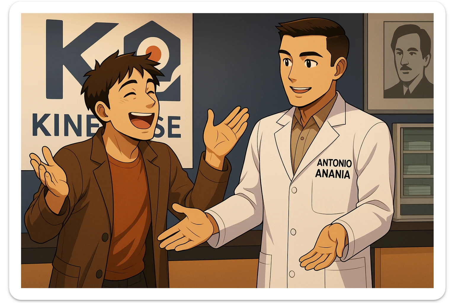  rappresenta un webtoon manga a colori con questo stile, in cui un uomo esclama una cosa entusiasta al kinesiologo con il camice bianco (fagli anche la scritta "ANTONIO ANANIA" SUL CAMICE), IL KINESIOLOGO lo aspetta a braccia aperte. l'espressione dell'uomo è felice e soddisfatta, non fare i fumetti però, fai solo in modo che sembri stiano parlando sticker