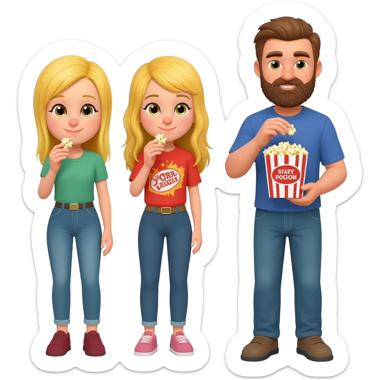 2  blonde girls and a guy with a beard standing eating popcorn sticker