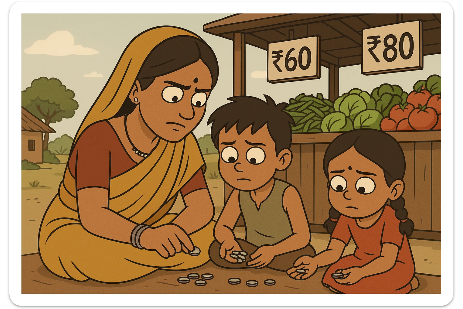 cartoon of a tribal Indian mother and children counting coins in front of a vegetable stall with expensive price signs, rural setting, simple clothing, expressive faces sticker
