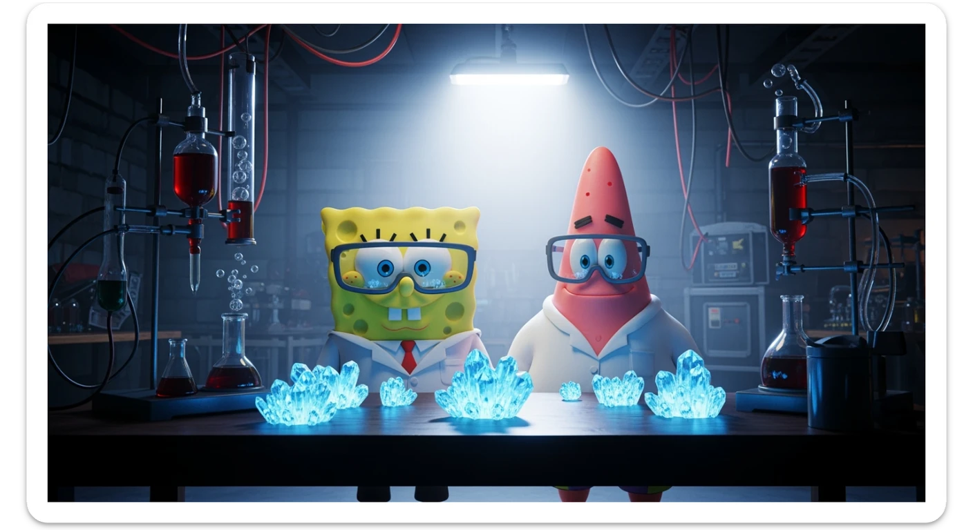 3D cienmatic cartoon shot, spongebob and patric dress in safety glasses and safe white outfit, the are standing front of table with blue crystals on table glowing (light source) science room in basement, back light, Cinema 4d render, proffesional lightning sticker