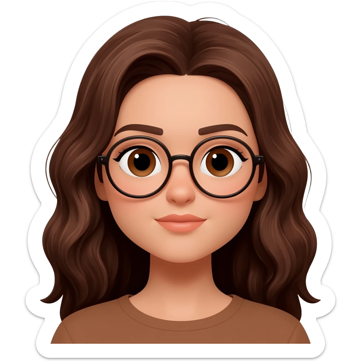 Faça uma menina de olhos grandes lábios um pouco fino, cabelos longos levemente ondulados castanhos com olhos castanhos pele morena e com óculos sticker