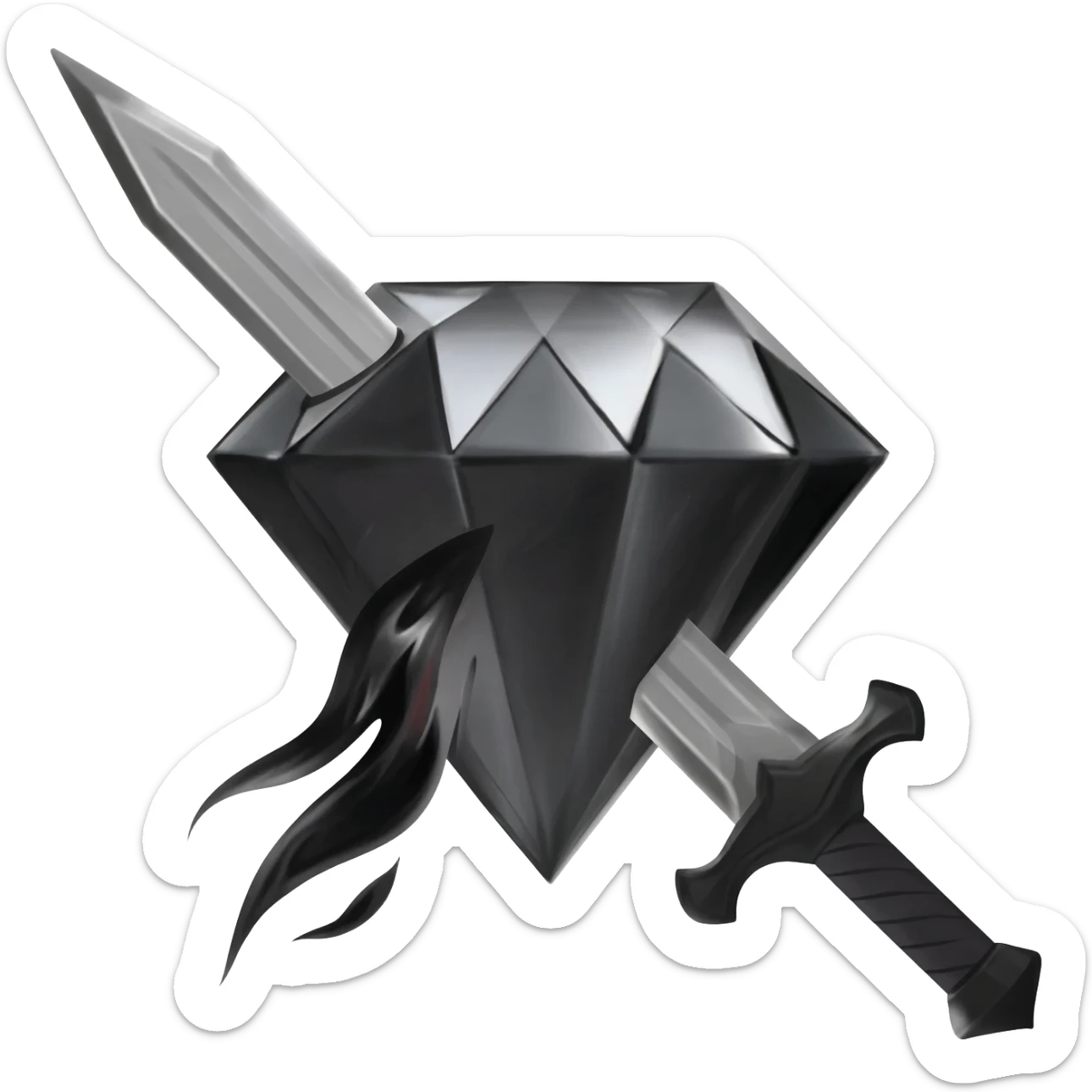 generate a black sword burning with black flames and piercing a black diamond crown sticker