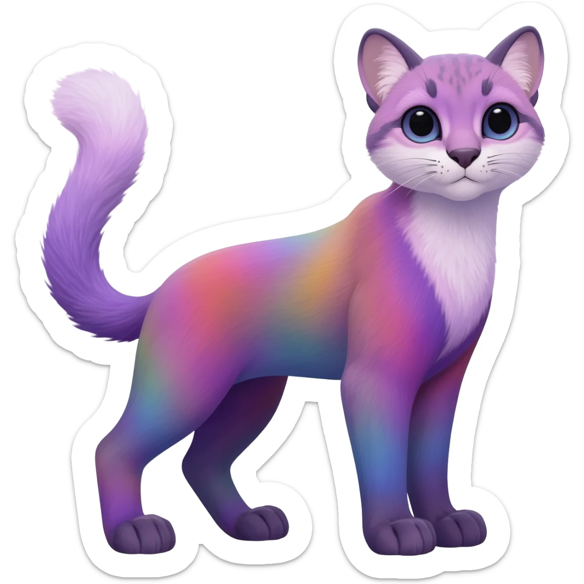 Colorful dark tropical pastel-lilac-lavender-violet iridescent pastel white glorious divine exotic cute cool beautiful shiny beautiful fantasy-caracal-civet-genet-sergal-vernid-Cacomistle-oncilla-animal-Fakémon-hybrid-fursona (full body) sticker