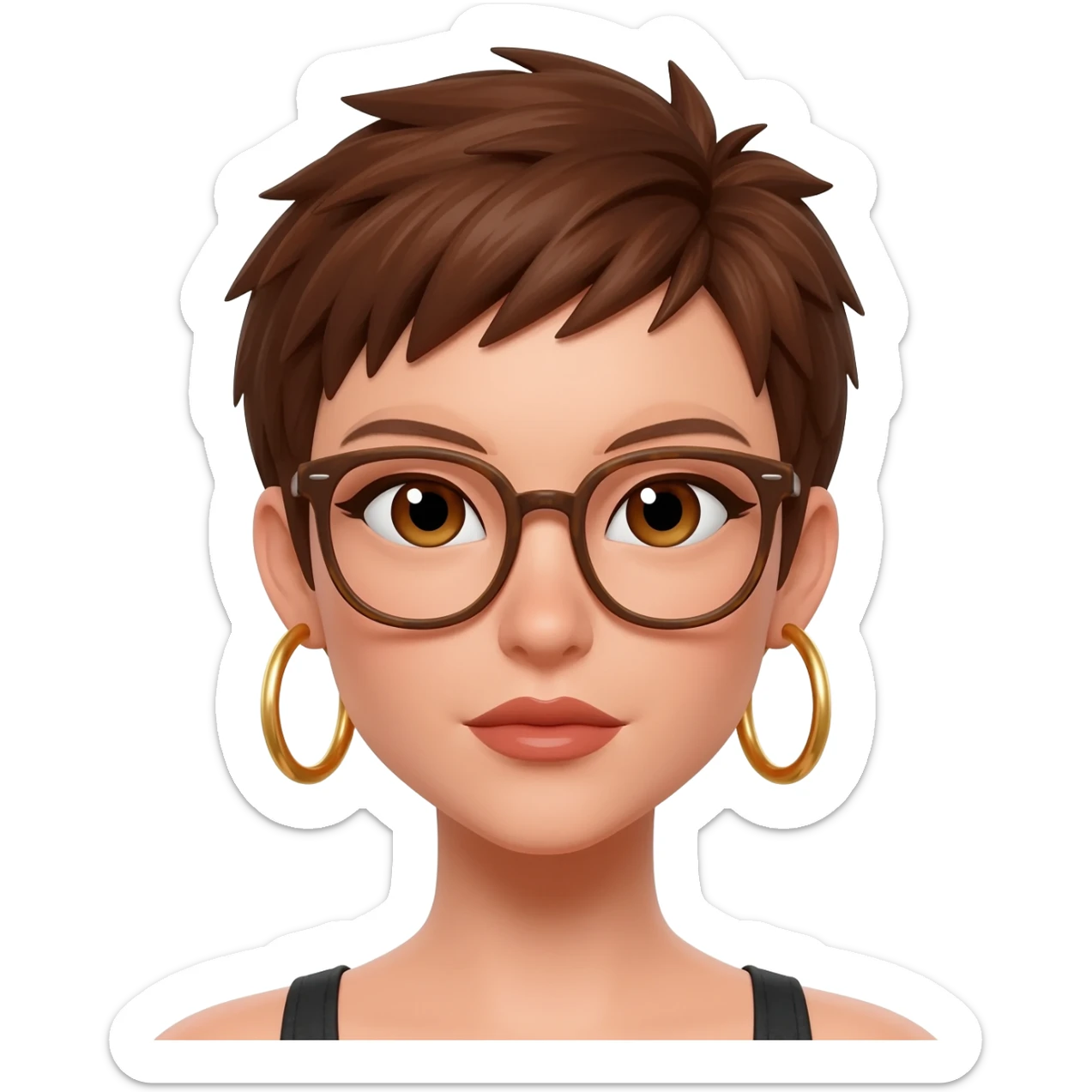 Female very very short brown hair few spikes gold hoop earringsbrown eyes hoop earrings hoop earrings glasses full lips sticker