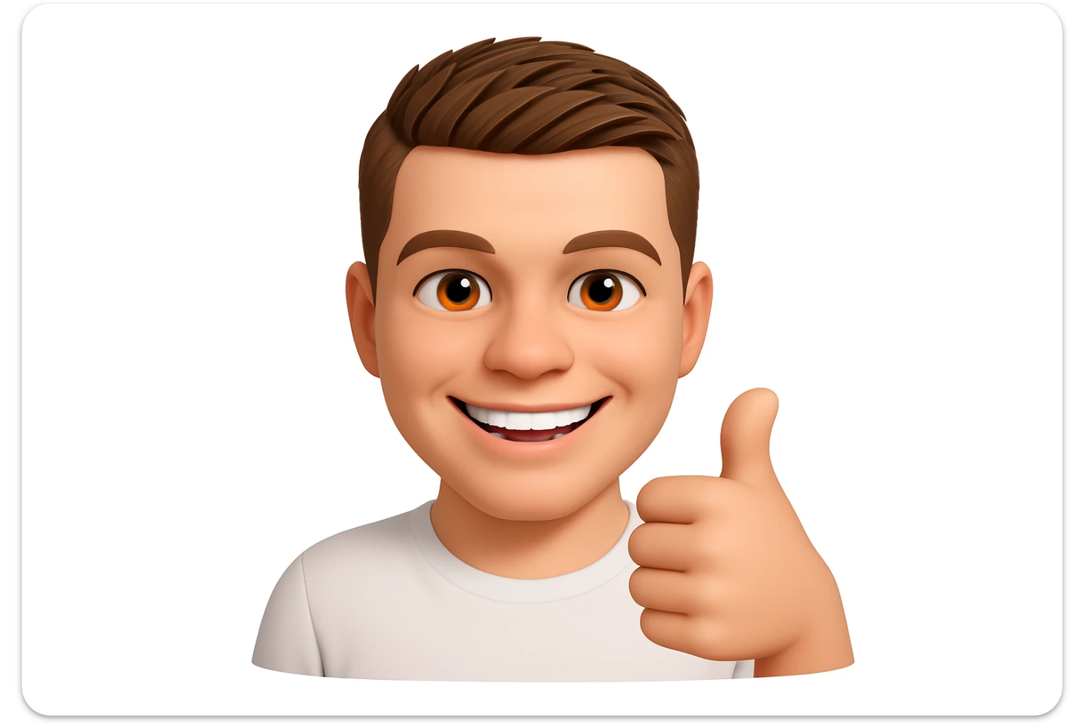 Based on these photos, make an emoji with facial features intact, a man in a white T-shirt, giving a thumbs up and smiling approvingly sticker