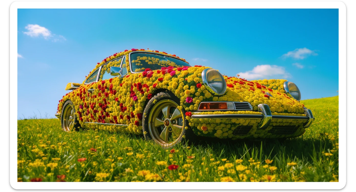 Closeup shot of a porsche 911, body of car made of grass and big colorfull flowers, green hill grass, blue clear sky, dutch angle, captured by ARRI 65 sticker
