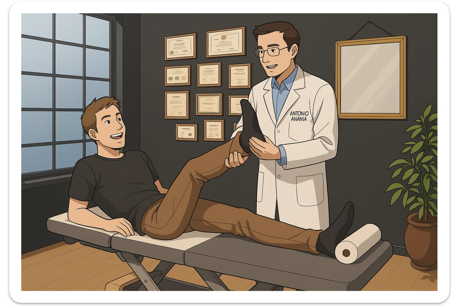 su questo lettino rappresenta un webtoon manga a colori con questo stile, in cui un uomo è steso sul lettino medico e il kinesiologo con il camice bianco (fagli anche la scritta "ANTONIO ANANIA" SUL CAMICE, gli solleva una gamba per fargli il test neuromuscolare, IL KINESIOLOGO SPIEGA ALL'UOMO UNA cosa mentre gli alza la gamba. l'espressione dell'uomo è felice e soddisfatta, non fare i fumetti però, fai solo in modo che sembri stiano parlando sticker