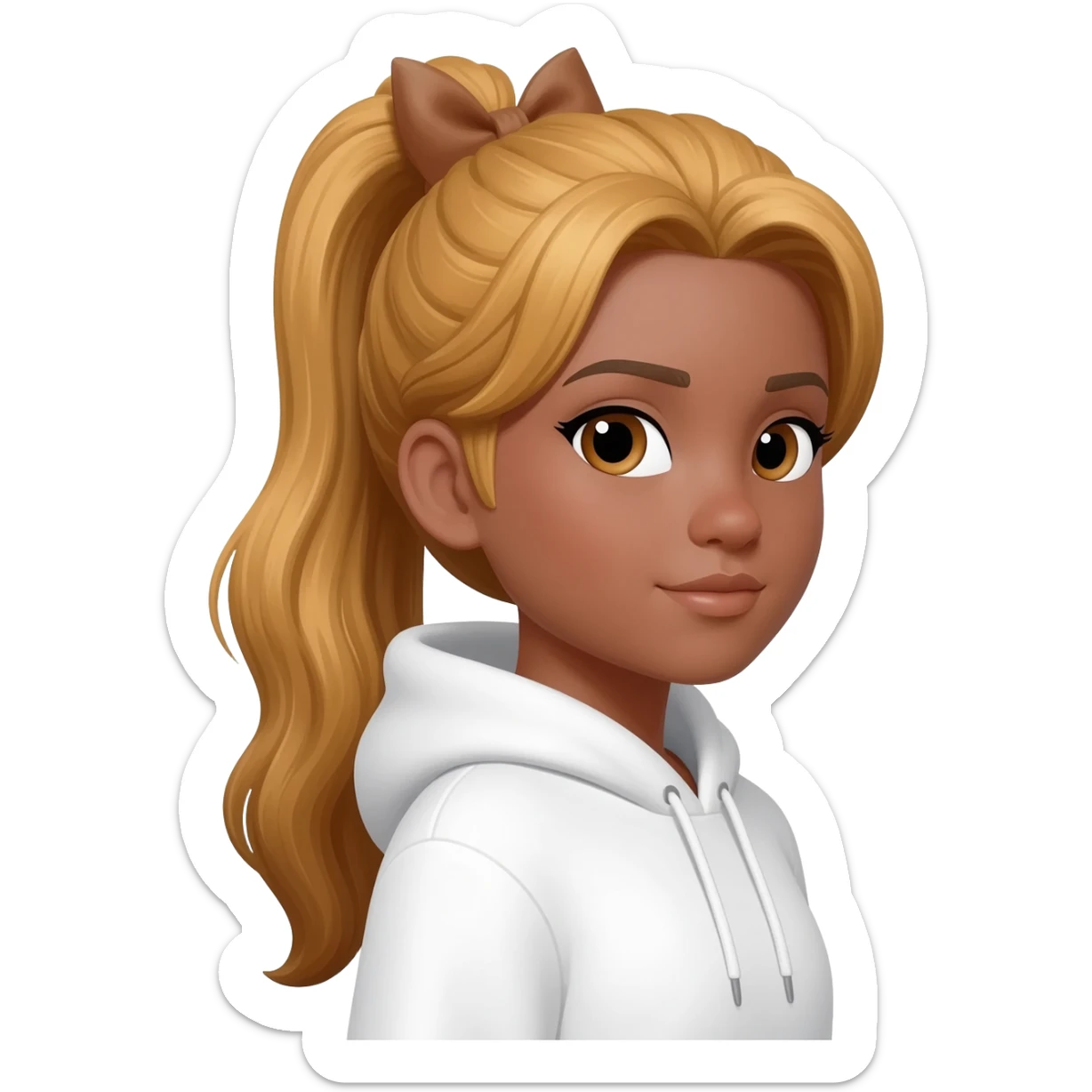 Long, golden-brown hair tied with a bow, wearing a cool white hoodie, and with a tan complexion. sticker