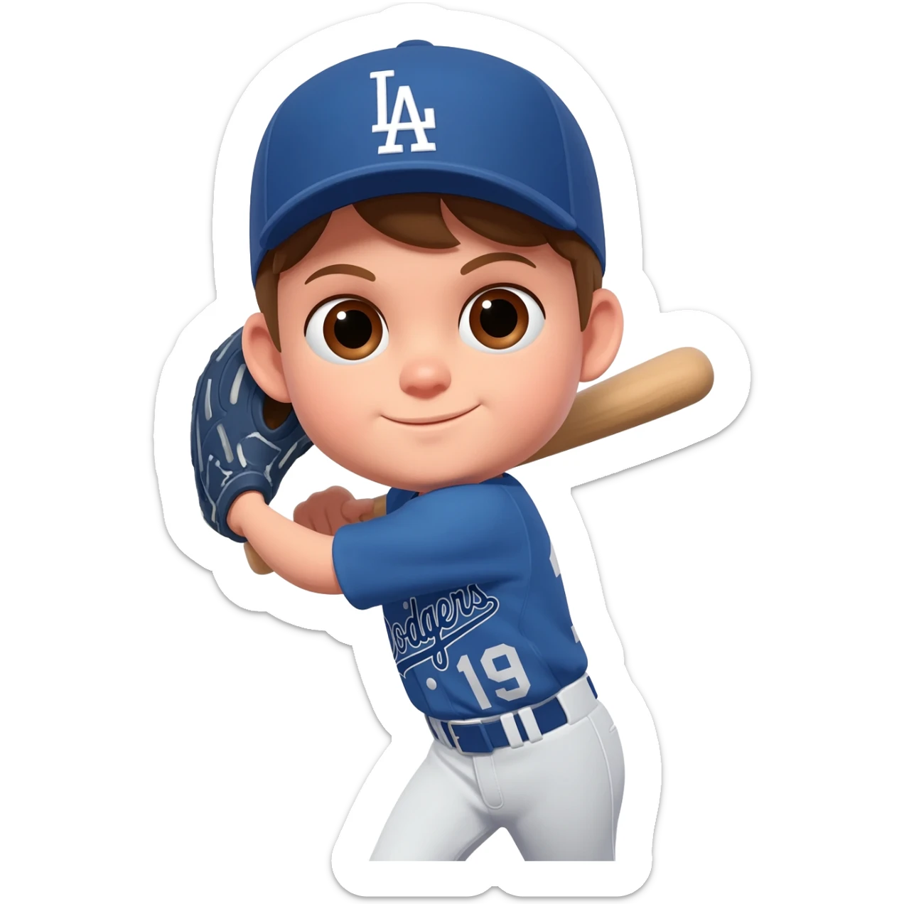 Toddler boy Baseball player wearing a dodgers uniform with brown hair, brown eyes and light skin sticker