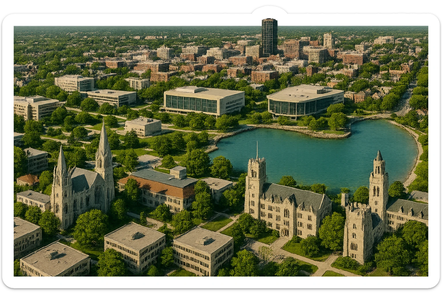 cinematic realistic emoji of Evanston, Illinois, city view with Northwestern University campus, Lake Michigan shoreline, downtown Evanston, and iconic university buildings, lifelike detail, accurate colors, bright daytime, no sky, no clouds, transparent background sticker