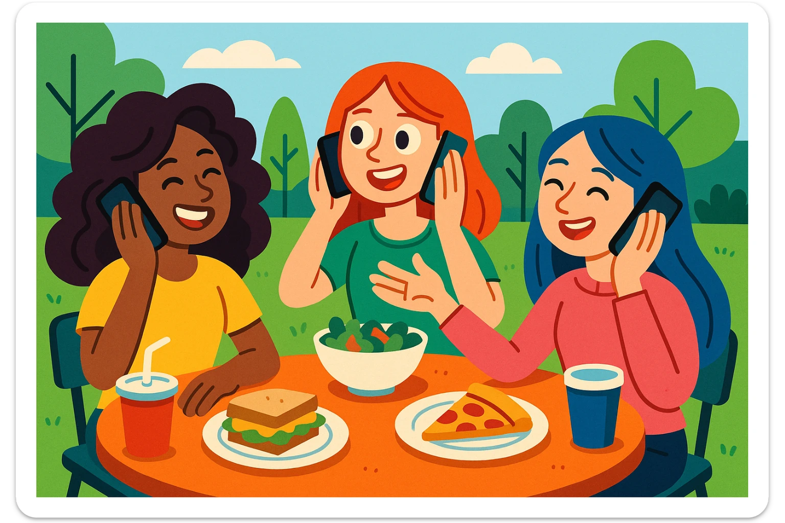three girls enjoying lunch break, talking to each other on their phones, playful and lively, diverse appearances, informal setting sticker