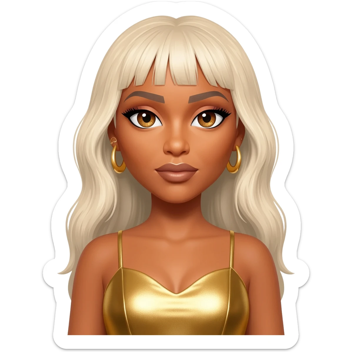 Beyonce with hazel eyes, long platinum blonde hair, gold metallic dress, gold earrings sticker