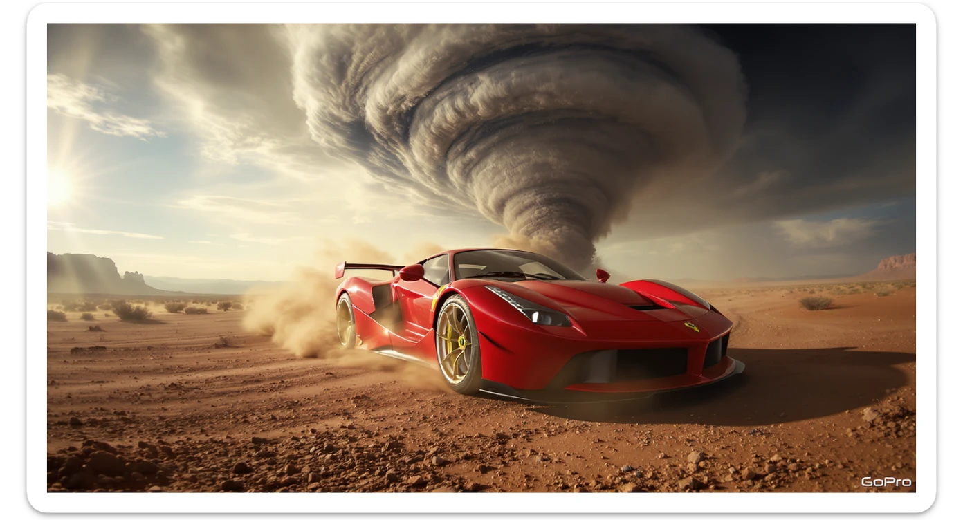 Cinematic still of a ferrari f40 around tornado od arizona desert, sun flare, big earth in background, captured by gopro hero with effect fisheye sticker