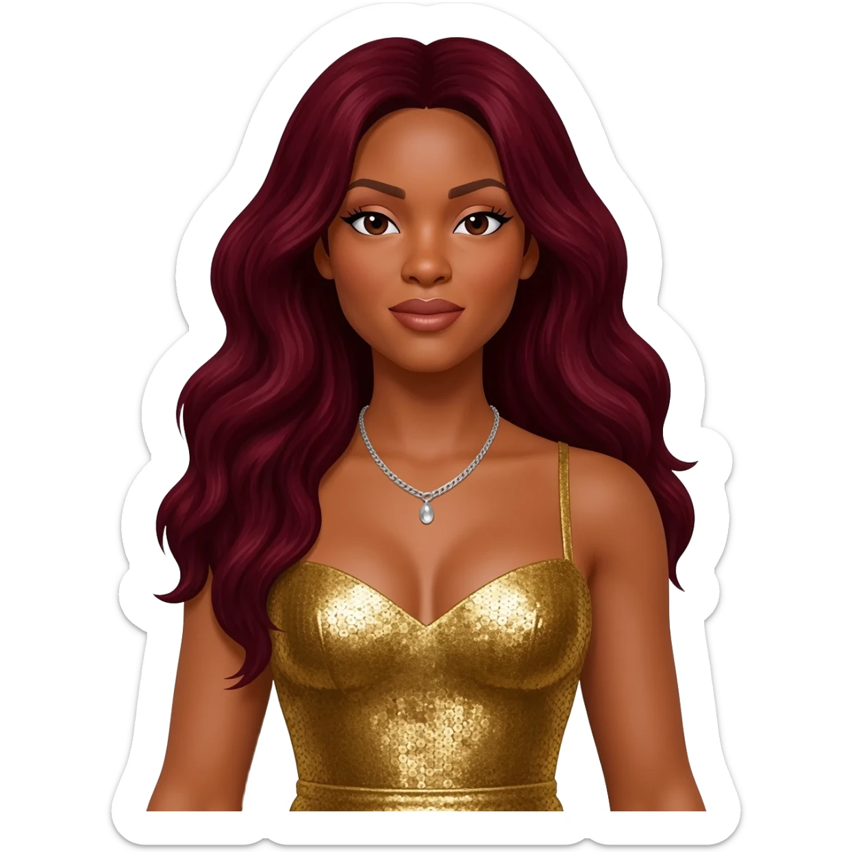 LaTavia Robeson from Destiny's Child with long dark red hair, gold metallic dress, silver necklace sticker