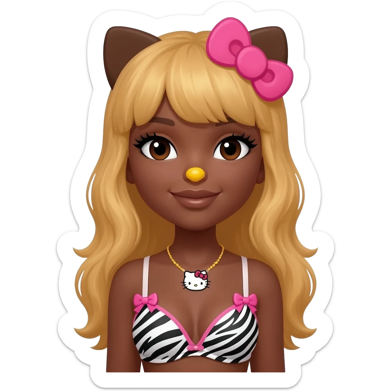 long lashes, bimbo, dark brown skin with honey blonde hair with hello kitty brown ears, with yellow nose, zebra print bra with pink bows, hello kitty necklace sticker