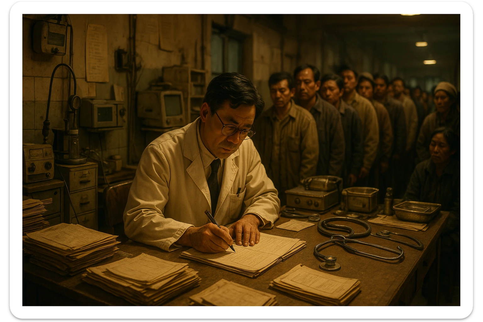 A doctor in a cluttered clinic, writing notes by hand, long line of patients, outdated medical equipment, no modern technology sticker