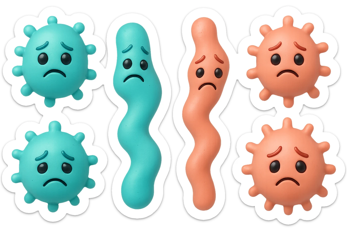 EMOJI STILE IPHONE DI 3 BATTERI INTESTINALI di forme diverse turchesi tristi e 3 batteri intestinali rosa salmone tristi CHE FLUTTUANO IN ARIA IPERREALISTICO 4K sticker