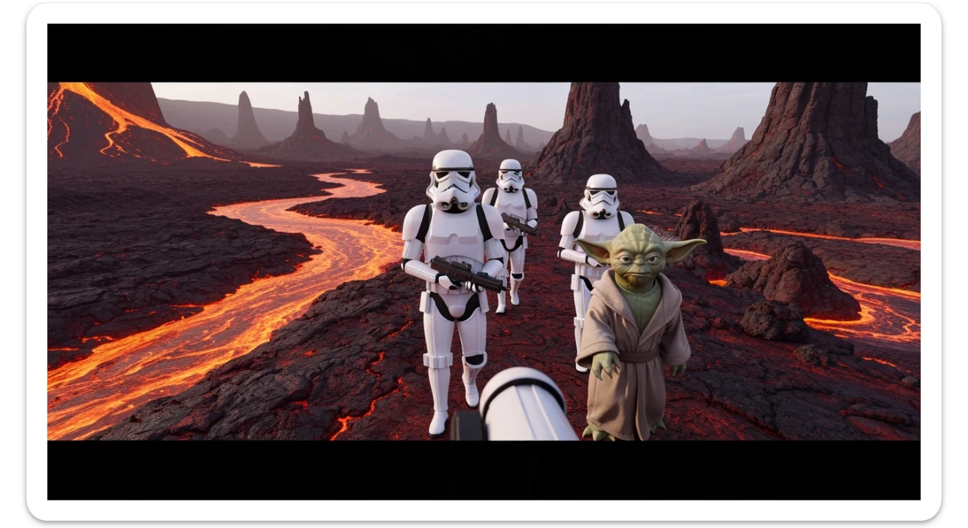 Shot on vlog camera, Starwars stormtroopers is walking on lava planet with yoda sticker