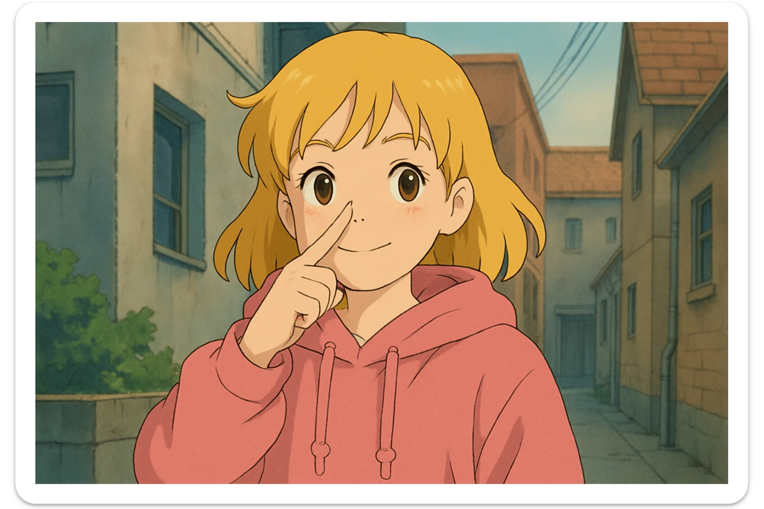 A girl yellow hair brown eyes pink Urban Heavy Loose Fit Hood Sweat touch your nose  sticker