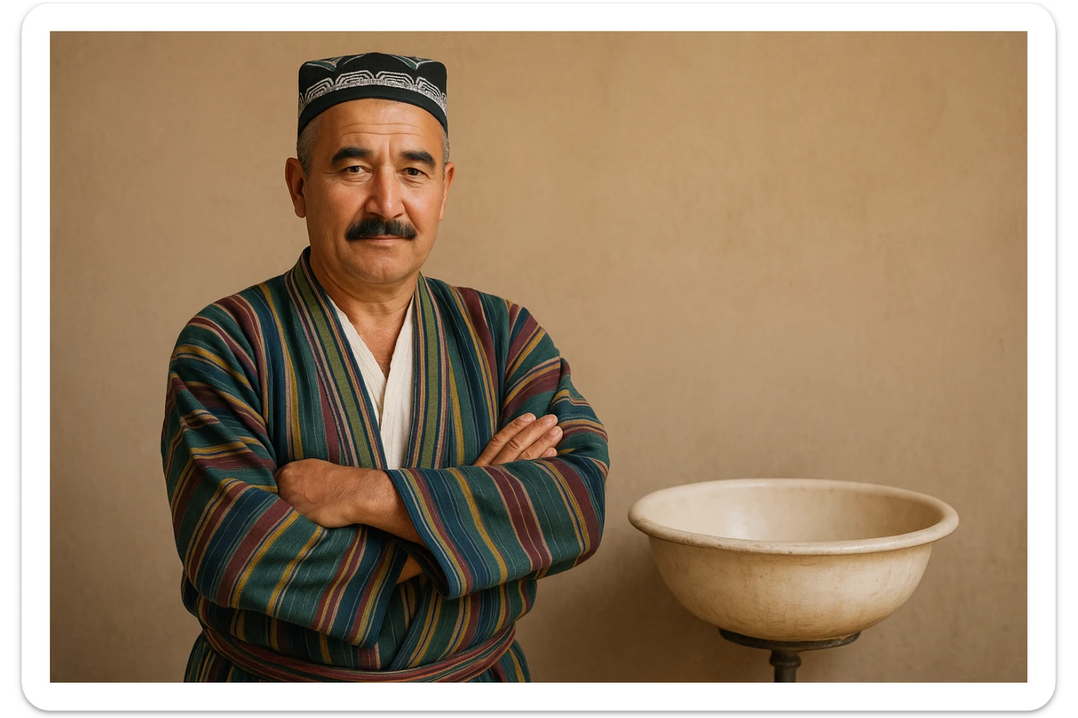 uzbek sartaroshi qo'lini qovushtirib turibdi yon taraf sal pastroq rakusdan sticker