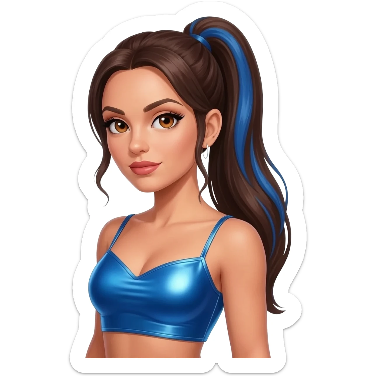 Sporty Spice from Spice Girls with hazel eyes, long dark brown ponytail hair with blue highlights, blue metallic sweetheart crop top sticker