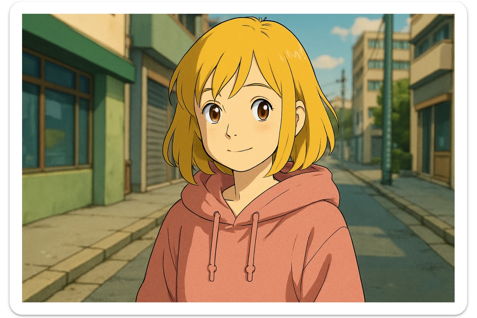 A girl yellow hair brown eyes pink Urban Heavy Loose Fit Hood Sweat sticker