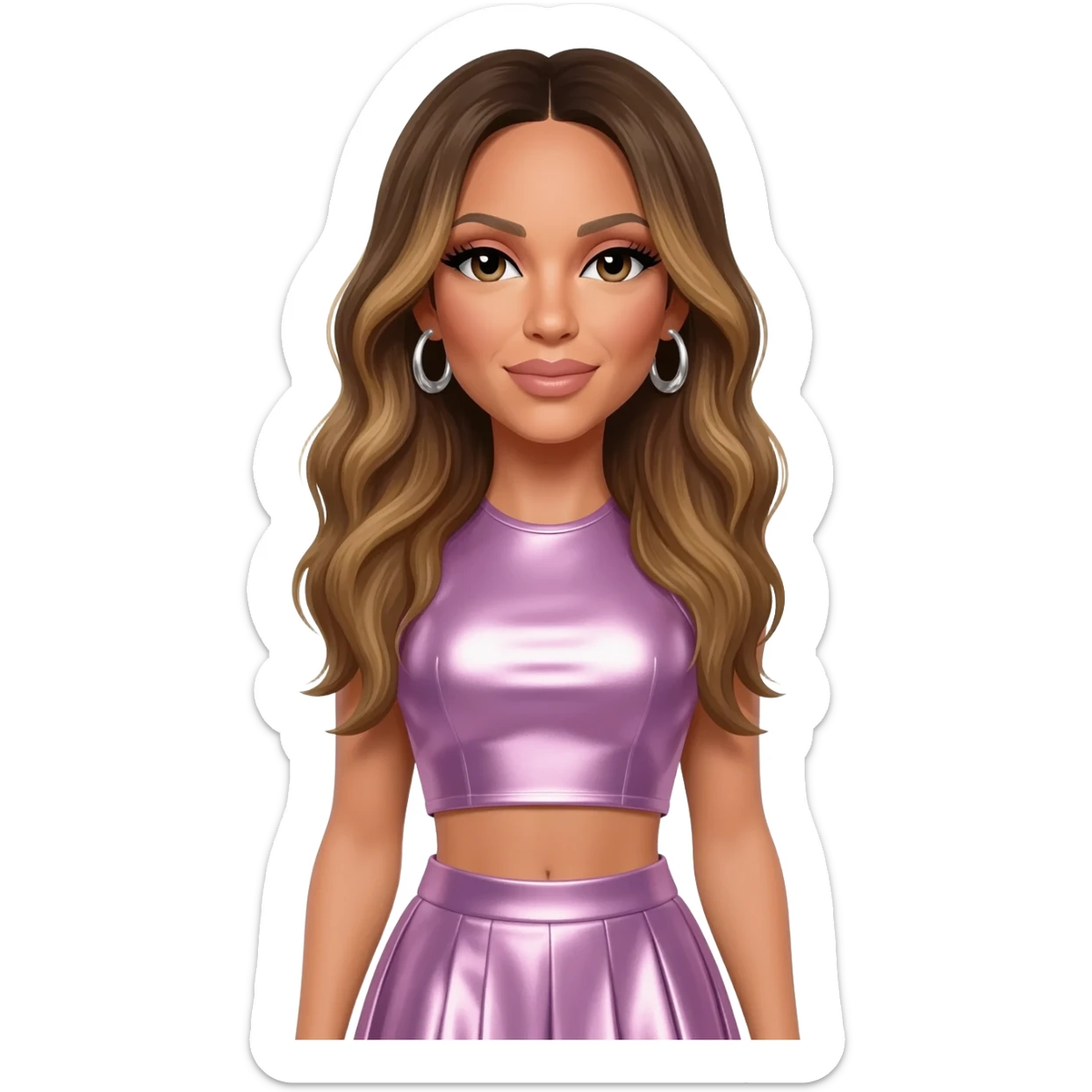Mariah Carey with long dark blonde hair, lavender pink metallic crop top, lavender pink metallic skirt, silver earrings sticker