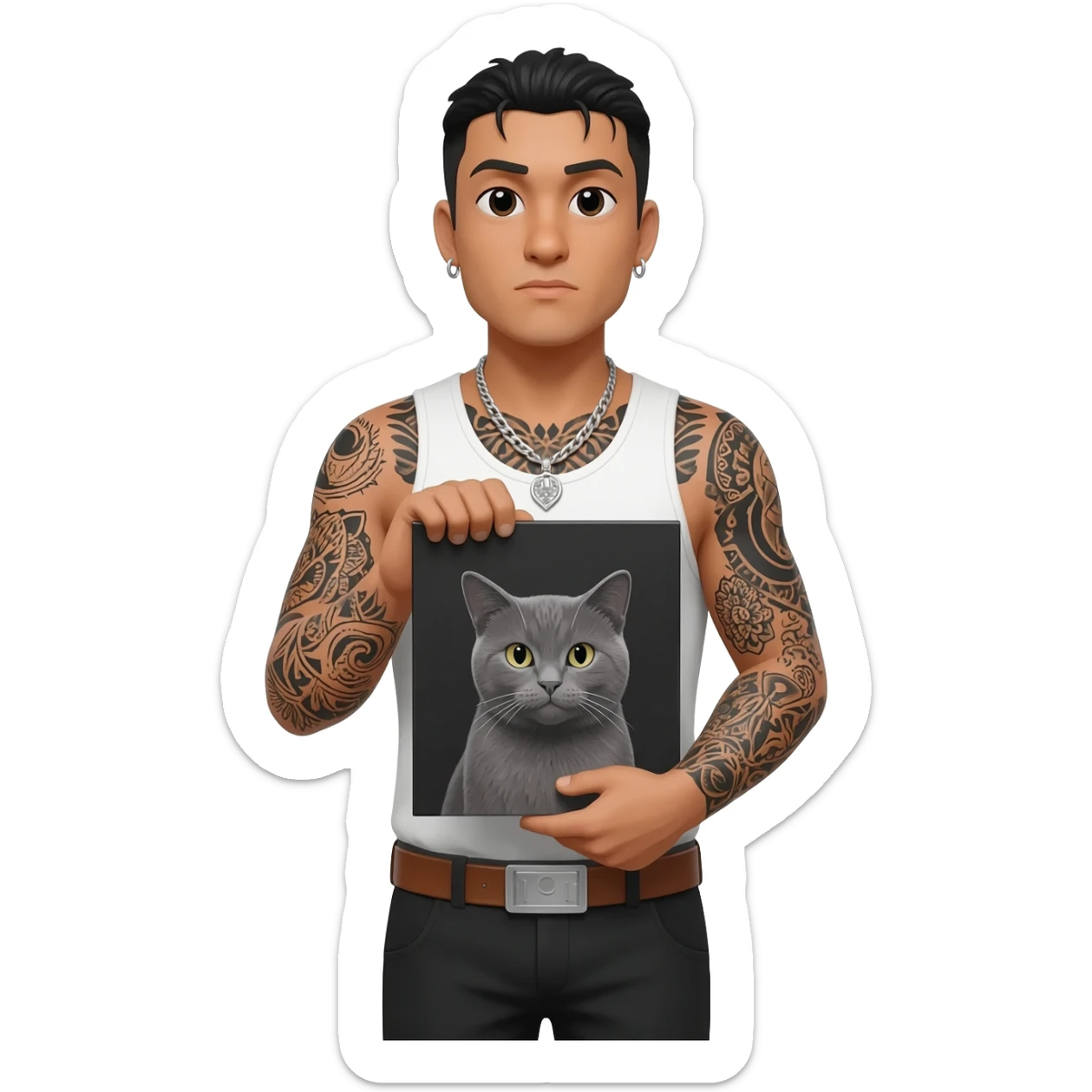 A Mexican thug with tatts holding a gray cat sticker